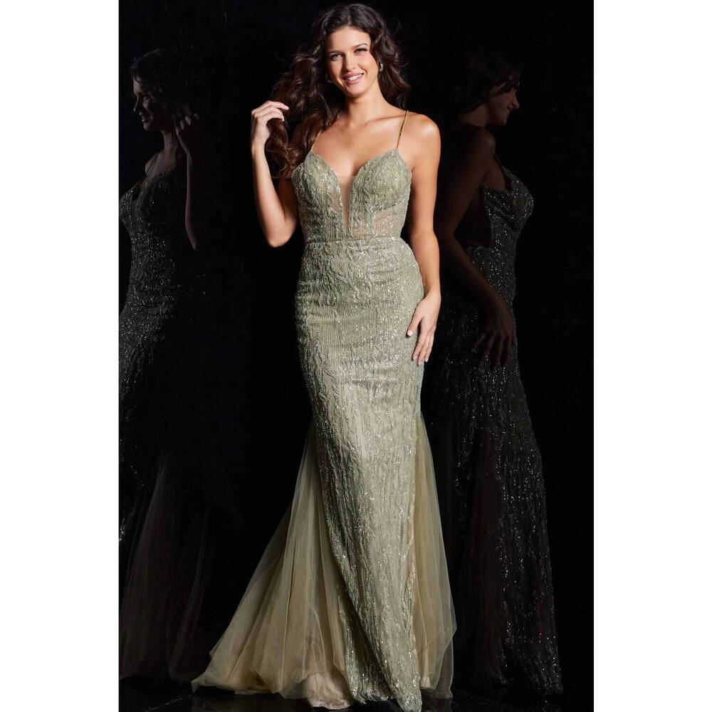 NEW JOVANI long formal sequin mermaid prom dress in olive